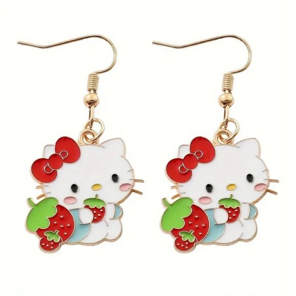 Hello Kitty Strawberry Earrings Enamel Sanrio Dangle Gold Goth Emo Scene Gift - Picture 1 of 1